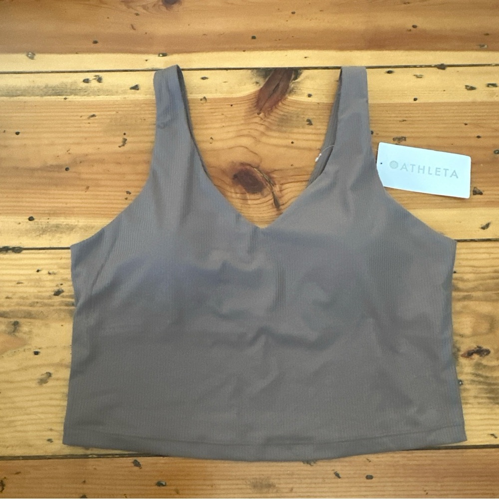 NWT Athleta Size XL Transcend V-Neck Taupe Brown Rib Crop Sports Bra A-C Cup